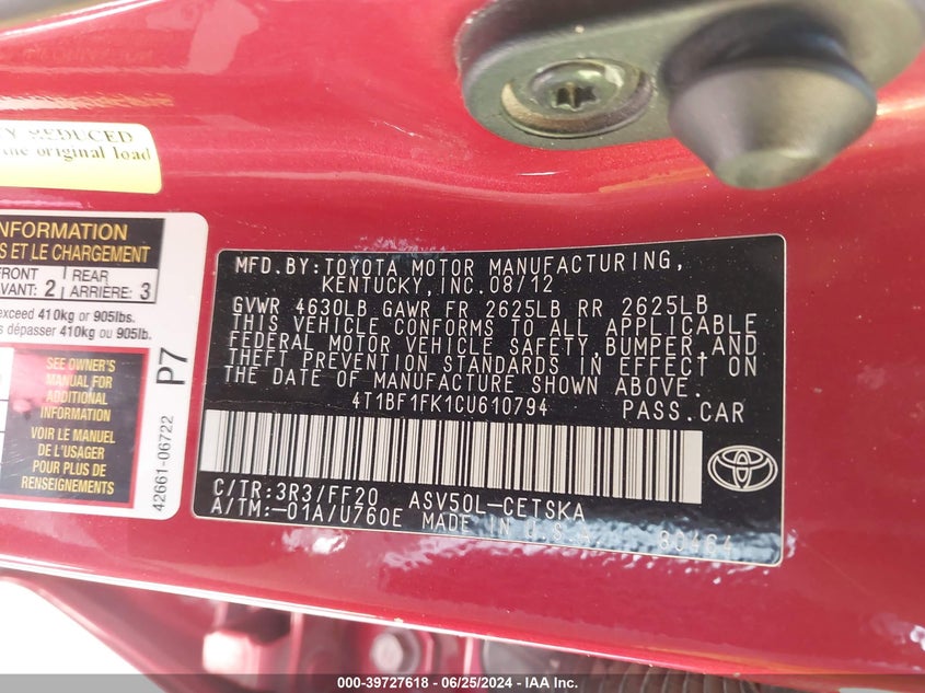 2012 Toyota Camry Se/Le/Xle VIN: 4T1BF1FK1CU610794 Lot: 39727618