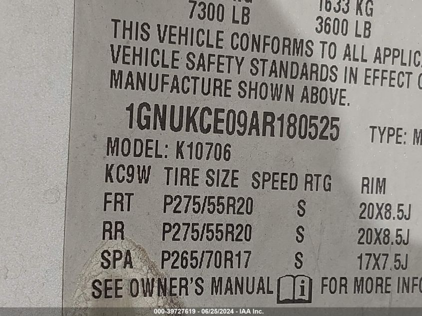 2010 Chevrolet Tahoe Ltz VIN: 1GNUKCE09AR180525 Lot: 39727619