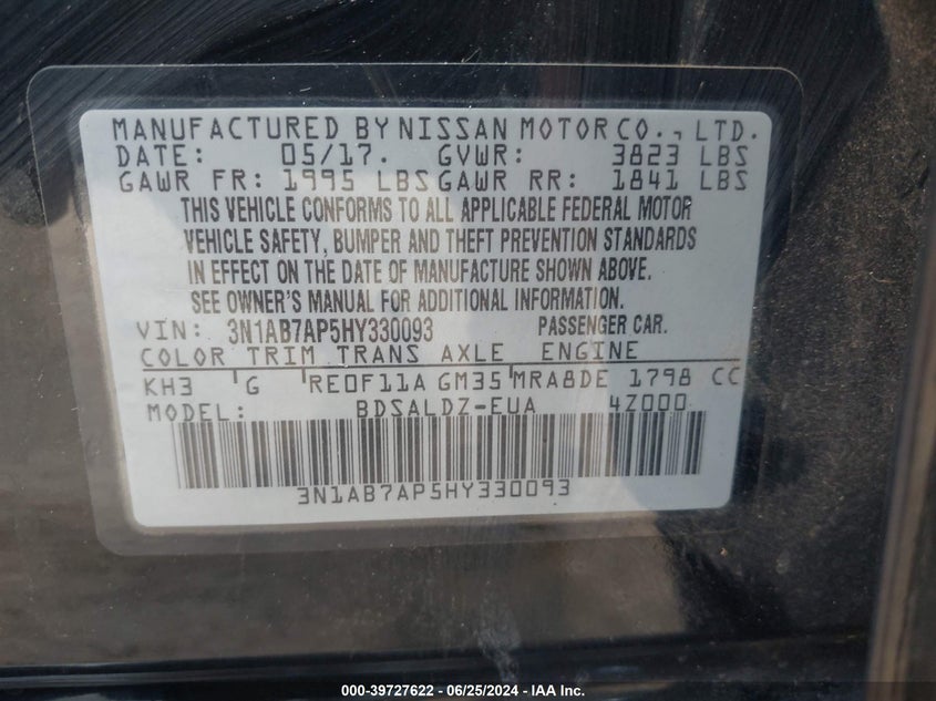 2017 Nissan Sentra Sv VIN: 3N1AB7AP5HY330093 Lot: 39727622