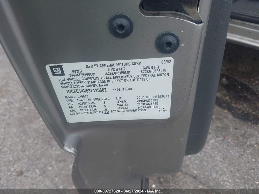 2003 Chevrolet Silverado C1500 VIN: 1GCEC14V53Z125682 Lot: 39727628