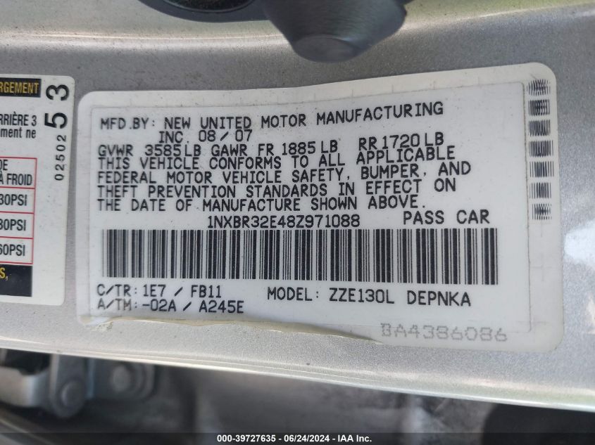 2008 Toyota Corolla Le VIN: 1NXBR32E48Z971088 Lot: 39727635