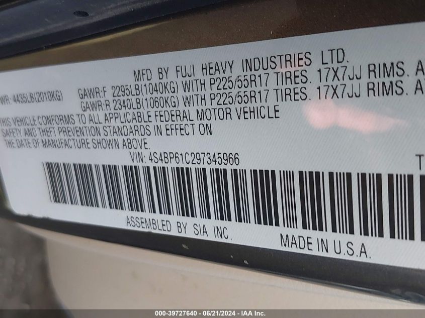 2009 Subaru Outback 2.5I VIN: 4S4BP61C297345966 Lot: 39727640