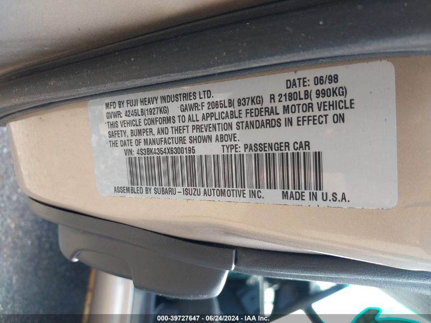 1999 Subaru Legacy 30Th Ann. L/L VIN: 4S3BK4354X6300195 Lot: 39727647