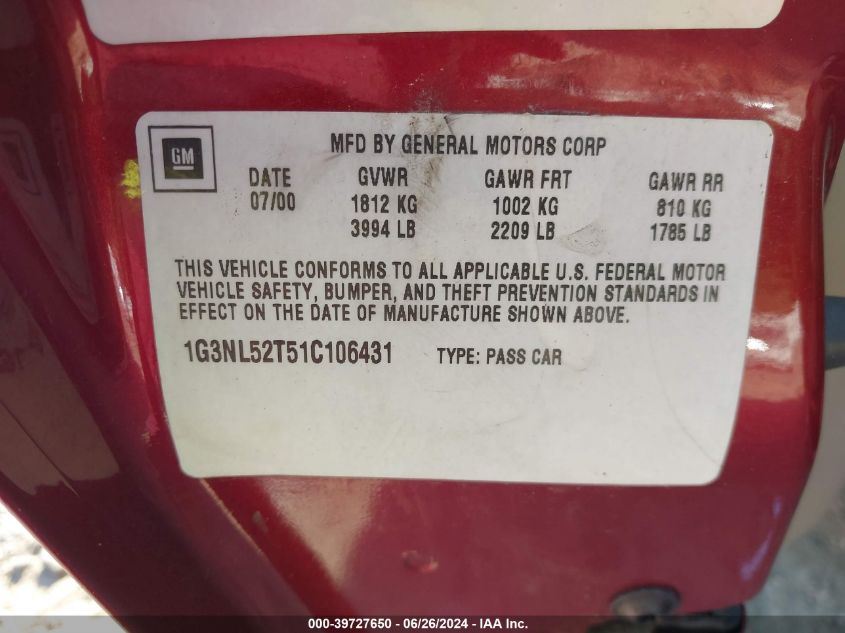 2001 Oldsmobile Alero Gl1 VIN: 1G3NL52T51C106431 Lot: 39727650