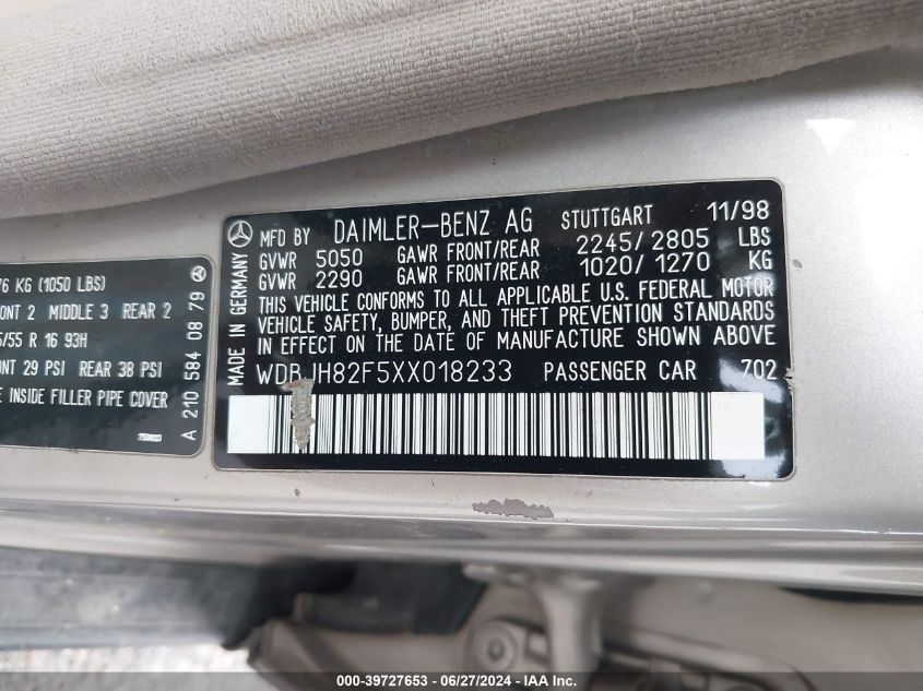 1999 Mercedes-Benz E 320 Awd VIN: WDBJH82F5XX018233 Lot: 39727653