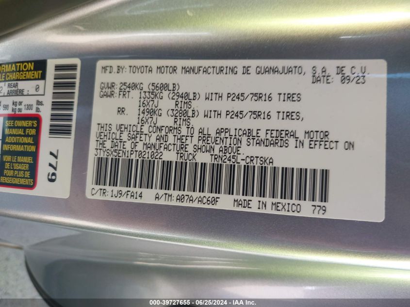 2023 Toyota Tacoma Sr VIN: 3TYSX5EN1PT021022 Lot: 39727655