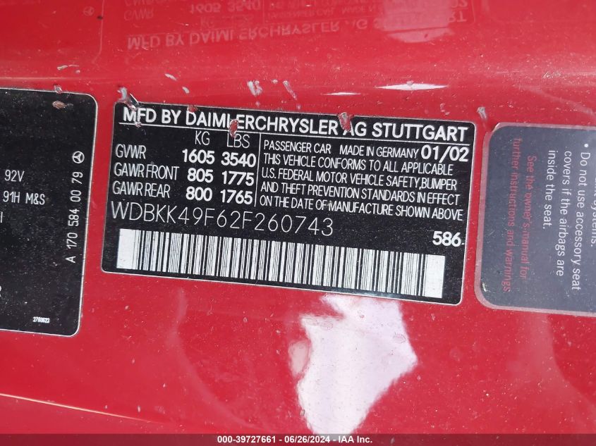 2002 Mercedes-Benz Slk 230 Kompressor VIN: WDBKK49F62F260743 Lot: 39727661