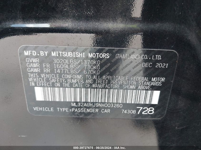 2022 Mitsubishi Mirage Es/Le VIN: ML32AUHJ9NH003260 Lot: 39727675