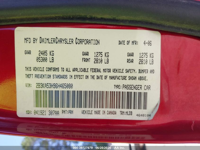 2006 Dodge Charger Rt VIN: 2B3KA53H96H465080 Lot: 39727679