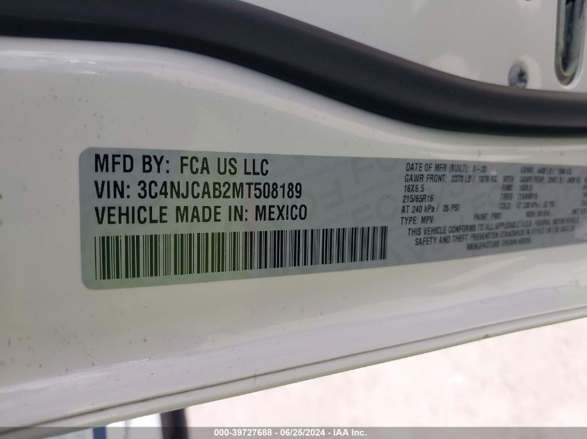 2021 Jeep Compass Sport VIN: 3C4NJCAB2MT508189 Lot: 39727688