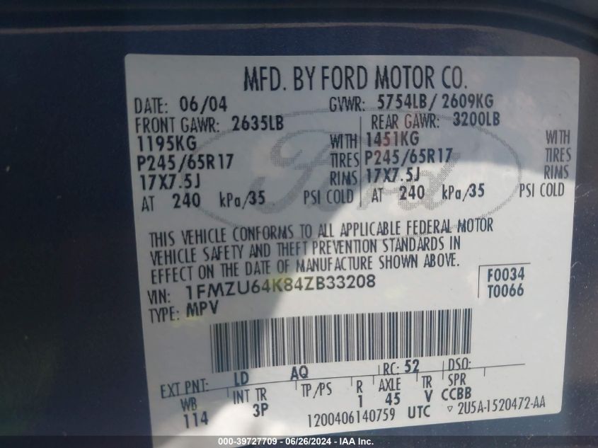 2004 Ford Explorer Eddie Bauer VIN: 1FMZU64K84ZB33208 Lot: 39727709