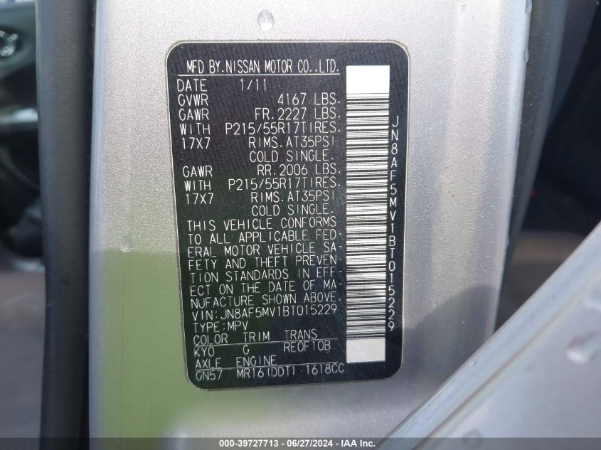 2011 Nissan Juke Sv VIN: JN8AF5MV1BT015229 Lot: 39727713