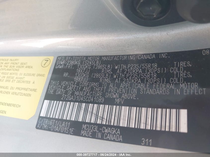 2005 Lexus Rx 330 VIN: 2T2GA31U45C041089 Lot: 39727717