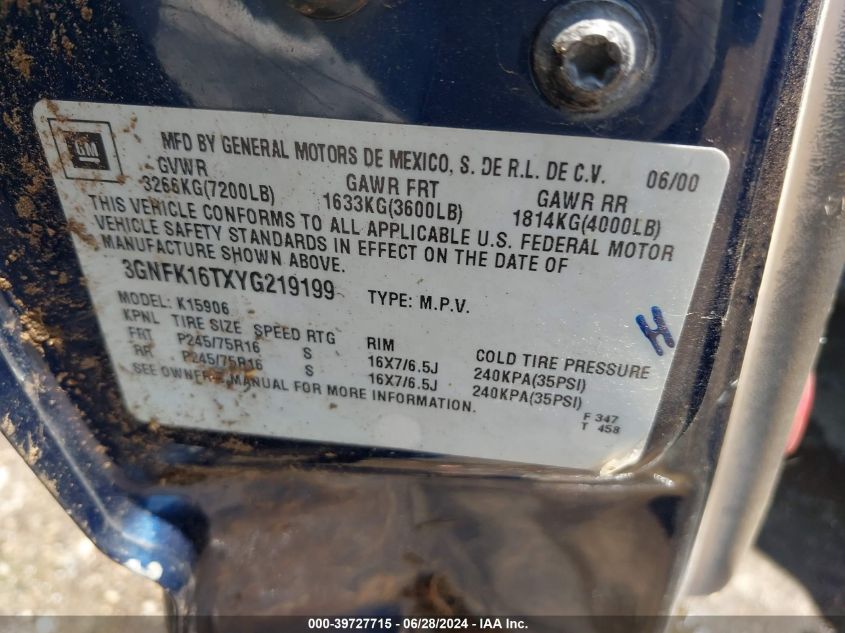 2000 Chevrolet Suburban 1500 Ls VIN: 3GNFK16TXYG219199 Lot: 39727715