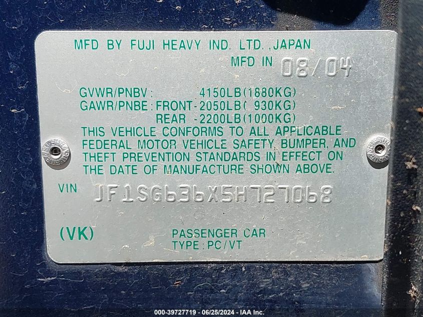 2005 Subaru Forester 2.5X VIN: JF1SG636X5H727068 Lot: 39727719