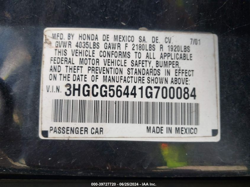 2001 Honda Accord Lx VIN: 3HGCG56441G700084 Lot: 39727720