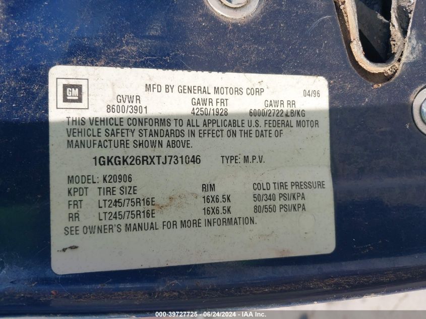 1996 GMC Suburban K2500 VIN: 1GKGK26RXTJ731046 Lot: 39727725