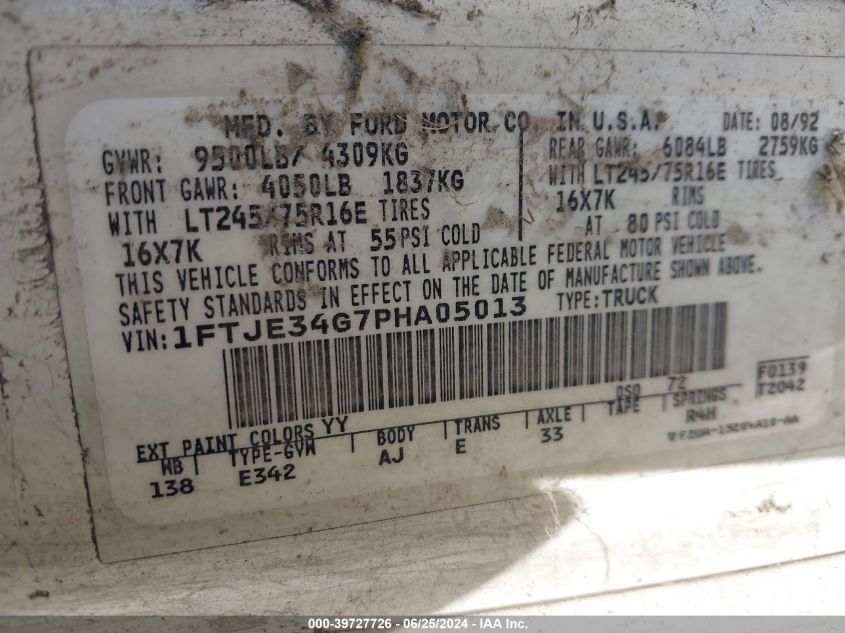 1993 Ford Econoline E350 Van VIN: 1FTJE34G7PHA05013 Lot: 39727726