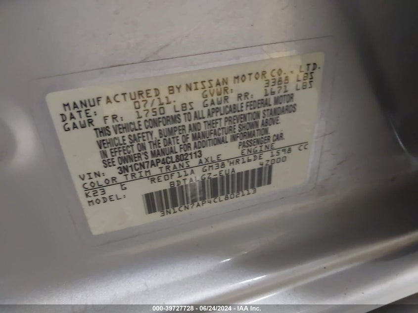 2012 Nissan Versa 1.6 Sl VIN: 3N1CN7AP4CL802113 Lot: 39727728