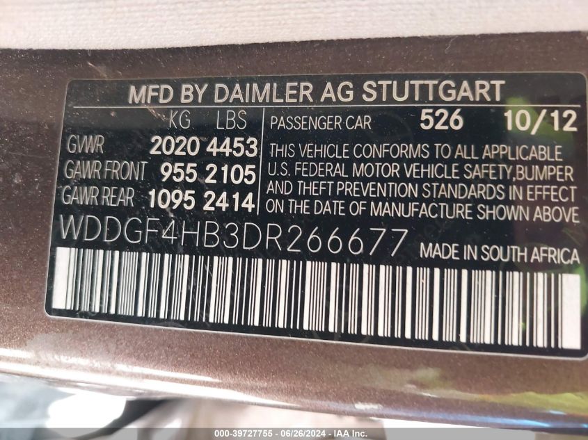 2013 Mercedes-Benz C 250 VIN: WDDGF4HB3DR266677 Lot: 39727755