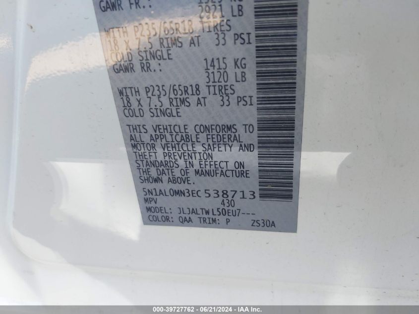 2014 Infiniti Qx60 VIN: 5N1AL0MN3EC538713 Lot: 39727762