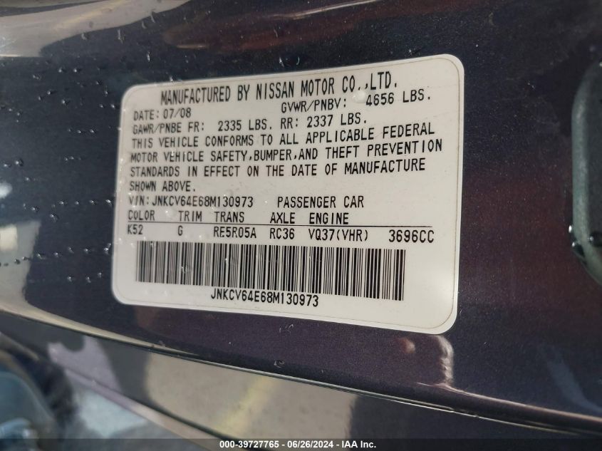 2008 Infiniti G37 Journey/Sport VIN: JNKCV64E68M130973 Lot: 39727765