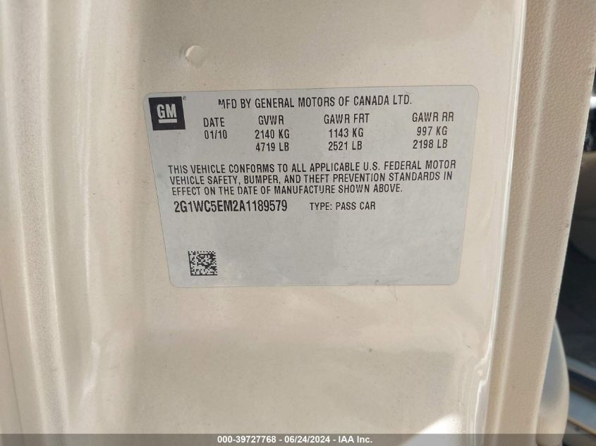 2010 Chevrolet Impala Ltz VIN: 2G1WC5EM2A1189579 Lot: 39727768