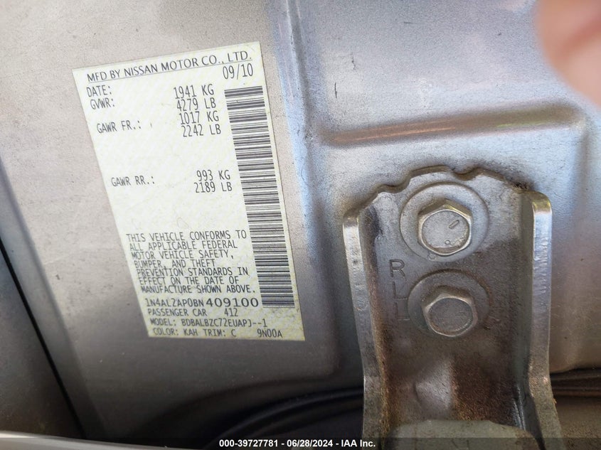 2011 Nissan Altima 2.5 S VIN: 1N4AL2AP0BN409100 Lot: 39727781