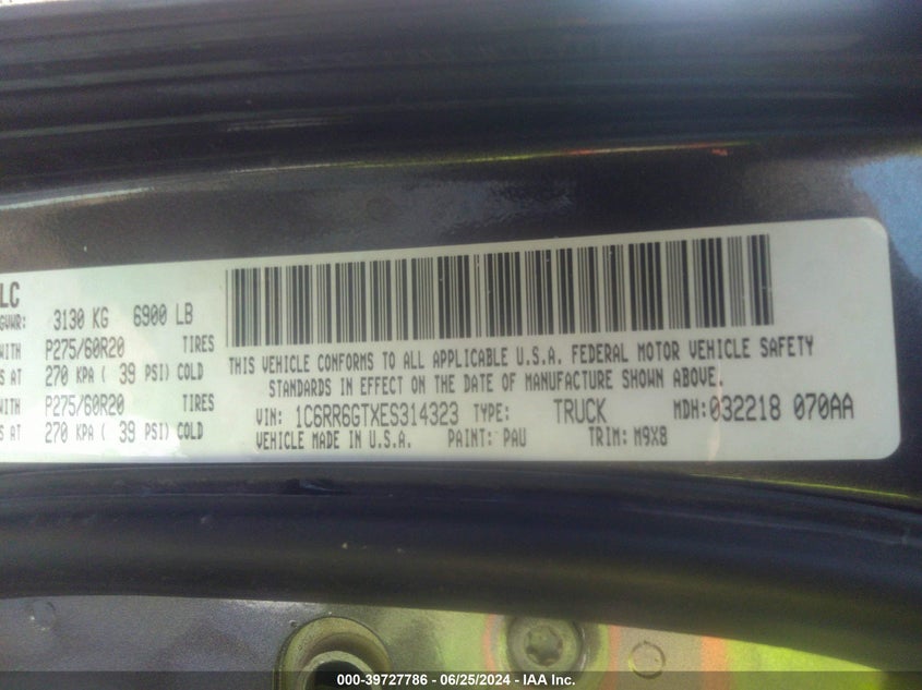 2014 Ram 1500 Big Horn/Lone Star/Outdoorsman/Slt VIN: 1C6RR6GTXES314323 Lot: 39727786