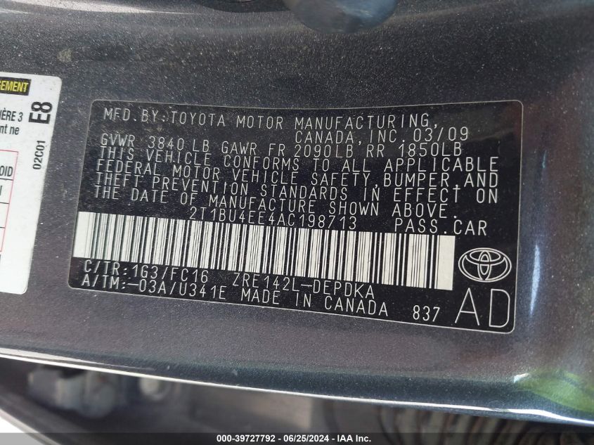 2010 Toyota Corolla Le VIN: 2T1BU4EE4AC198713 Lot: 39727792