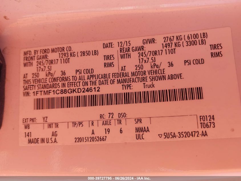 2016 Ford F-150 Xl VIN: 1FTMF1C88GKD24612 Lot: 39727795