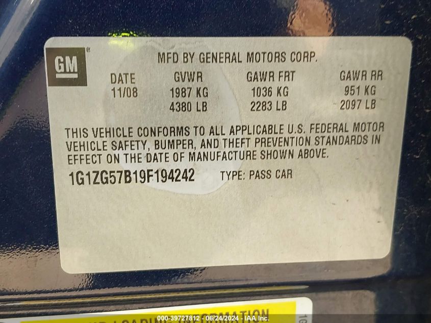 2009 Chevrolet Malibu Ls VIN: 1G1ZG57B19F194242 Lot: 39727812