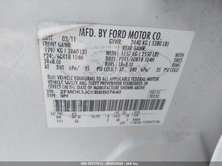 2011 Ford Edge Sel VIN: 2FMDK3JC6BBB07640 Lot: 39727813