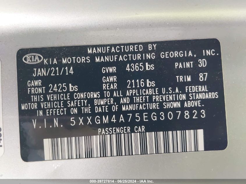 2014 Kia Optima Lx VIN: 5XXGM4A75EG307823 Lot: 39727814
