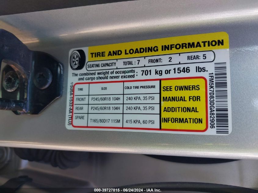 2013 Ford Explorer Xlt VIN: 1FM5K7D83DGA82906 Lot: 39727815