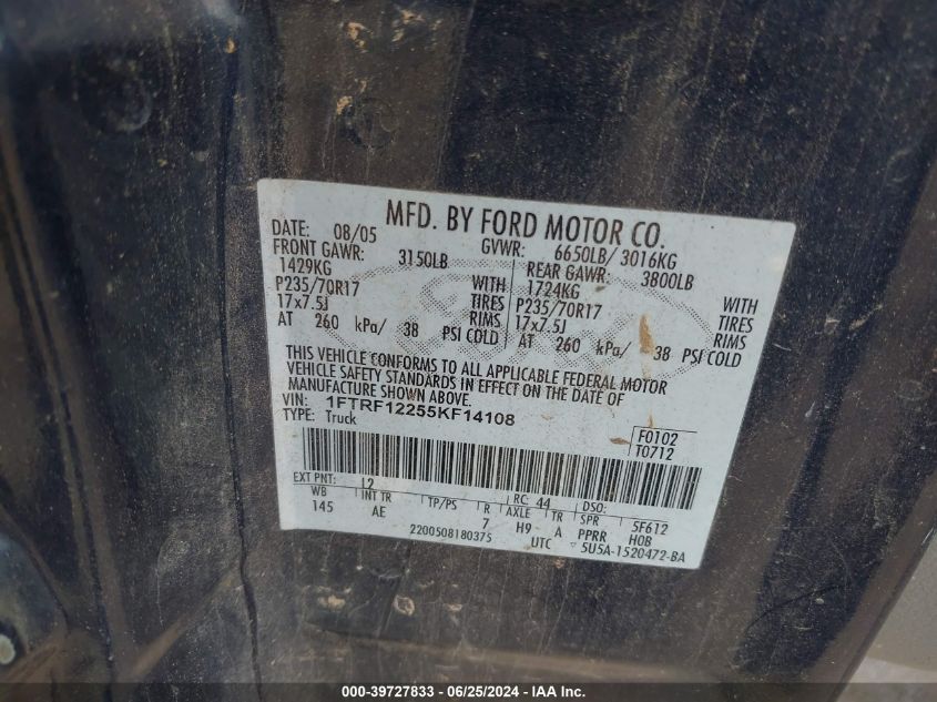 2005 Ford F-150 Stx/Xl/Xlt VIN: 1FTRF12255KF14108 Lot: 39727833