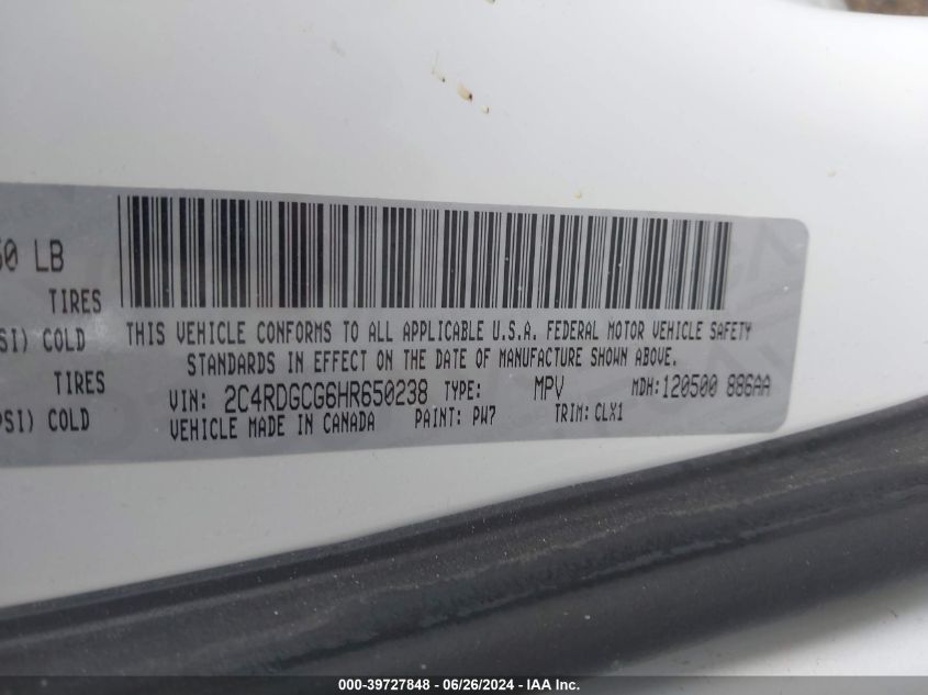 2017 Dodge Grand Caravan Sxt VIN: 2C4RDGCG6HR650238 Lot: 39727848