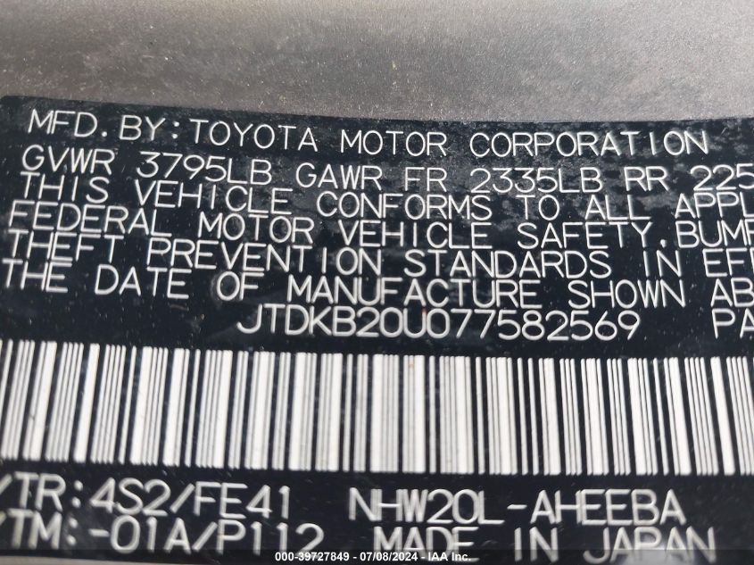 2007 Toyota Prius VIN: JTDKB20U077582569 Lot: 39727849