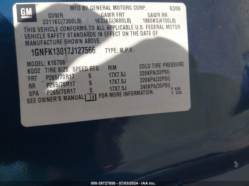 2007 Chevrolet Tahoe Lt VIN: 1GNFK13017J127566 Lot: 39727850