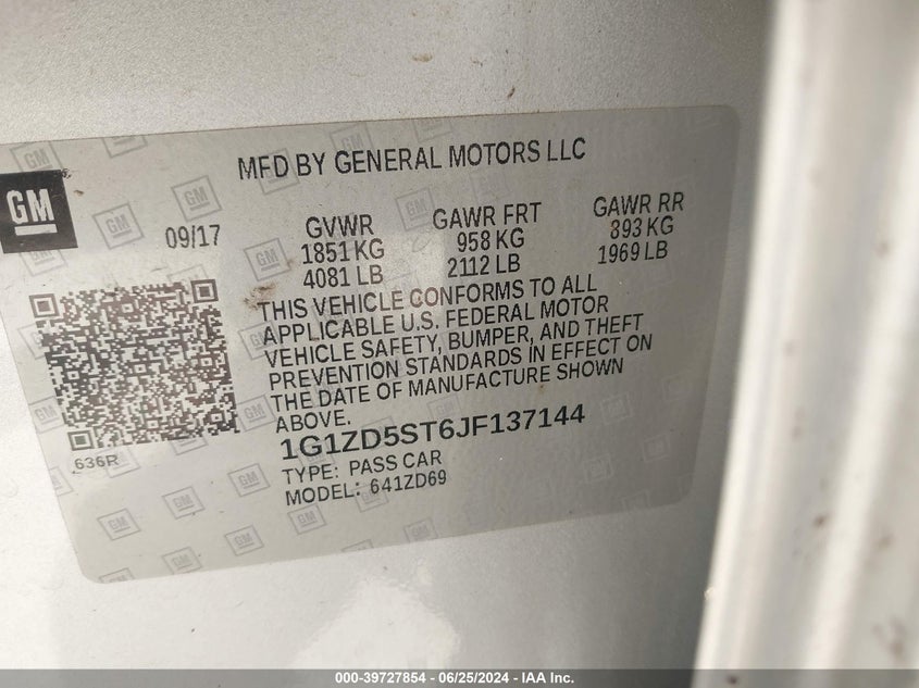 2018 Chevrolet Malibu Lt VIN: 1G1ZD5ST6JF137144 Lot: 39727854