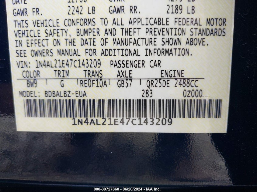 2007 Nissan Altima 2.5 S VIN: 1N4AL21E47C143209 Lot: 39727860