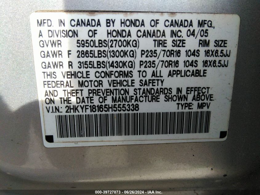 2005 Honda Pilot Lx VIN: 2HKYF18165H555338 Lot: 39727873