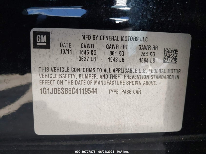 2012 Chevrolet Sonic 1Lt VIN: 1G1JD6SB8C4119544 Lot: 39727875