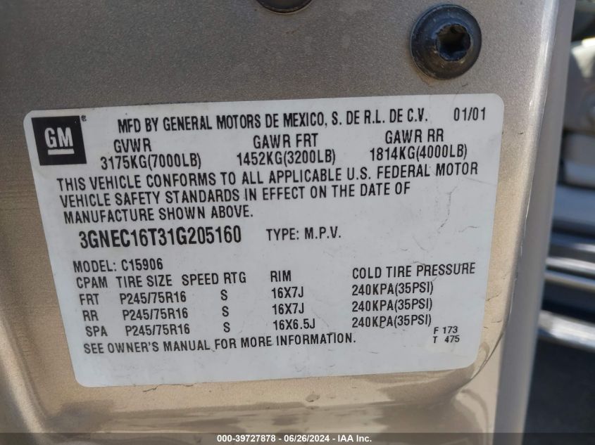 2001 Chevrolet Suburban 1500 Ls VIN: 3GNEC16T31G205160 Lot: 39727878