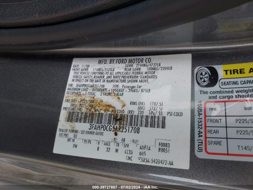 2010 Ford Fusion Sel VIN: 3FAHP0CG5AR251708 Lot: 39727887