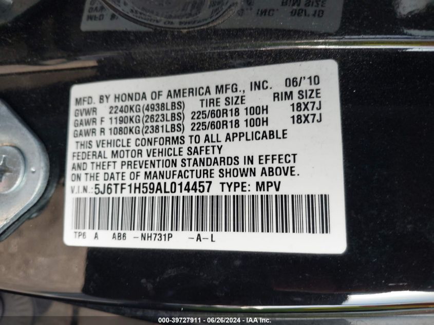 2010 Honda Accord Crosstour Ex-L VIN: 5J6TF1H59AL014457 Lot: 39727911