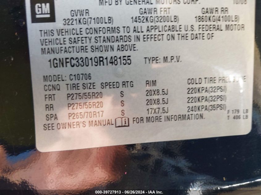 2009 Chevrolet Tahoe Ltz VIN: 1GNFC33019R148155 Lot: 39727913