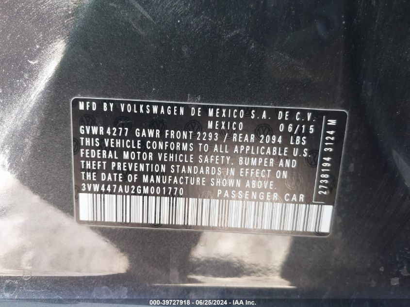 2016 Volkswagen Golf Gti Autobahn W/Performance Package 4-Door VIN: 3VW447AU2GM001770 Lot: 39727918