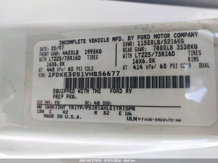 1997 Ford Econoline E350 Cutaway Van VIN: 1FDKE30S1VHB56677 Lot: 39727919