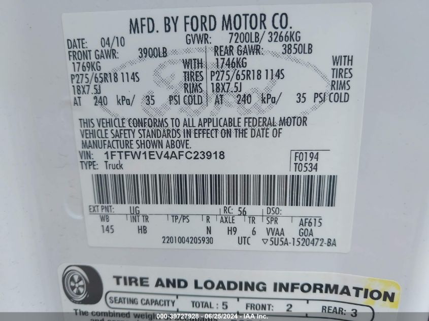 2010 Ford F-150 Fx4/Harley-Davidson/King Ranch/Lariat/Platinum/Xl/Xlt VIN: 1FTFW1EV4AFC23918 Lot: 39727928